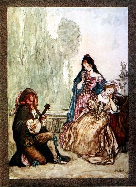 Og mens jeg synger Euphelias lovsang, fester jeg min sjel på Chloes øyne, fra Palgraves Golden Treasury, utgitt 1907 (farge litho) av Robert Anning Bell
