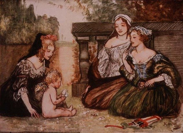 Cupid og min Campaspe spilte på kort for Kisses, fra Palgraves Golden Treasury, utgitt 1907 (litho-farge) av Robert Anning Bell