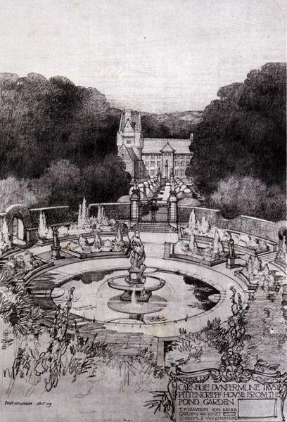 Pittencrieff House fra Pond Garden, fra Thomas Mawsons "Studier in Town Planning" av Robert Atkinson