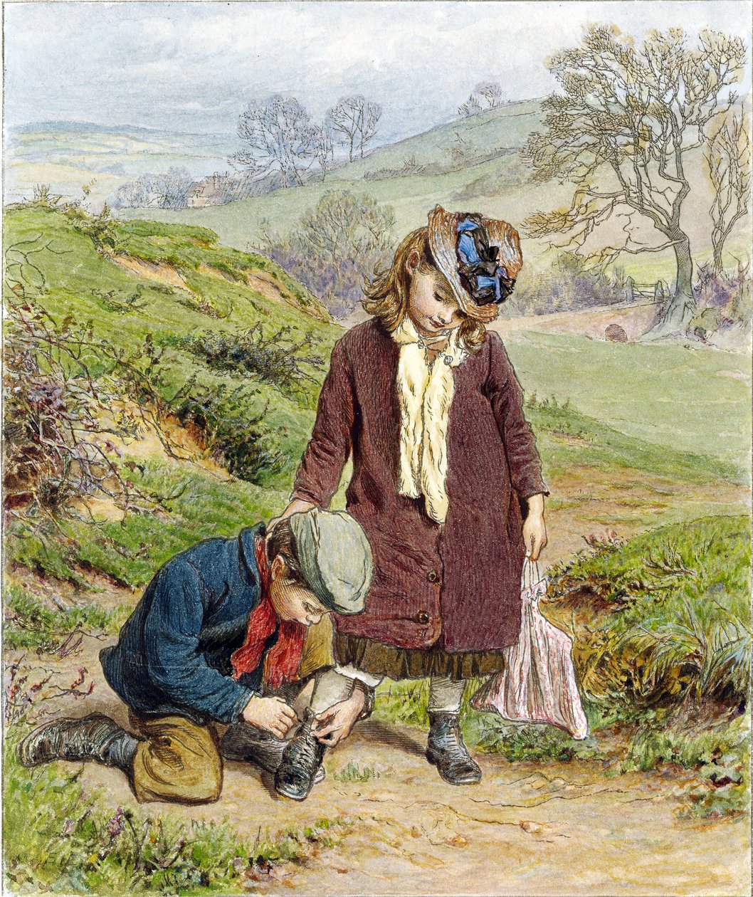 Brother Tying his Sisters Shoe, pub. 1854 av Robert Barnes