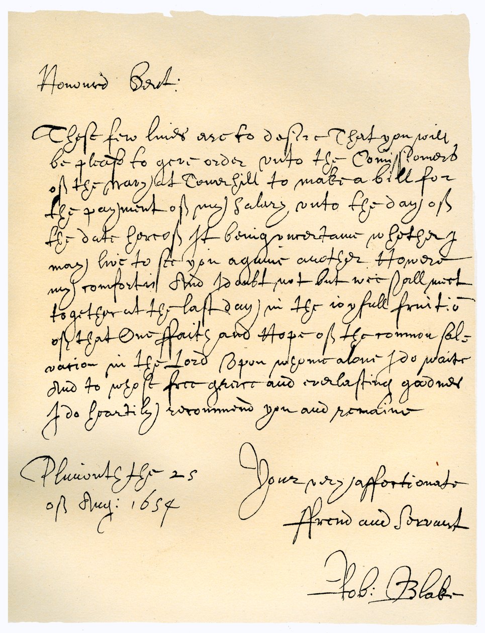 Brev fra admiral Robert Blake til kommissærene for admiralitetet, 25. august 1654. av Robert Blake