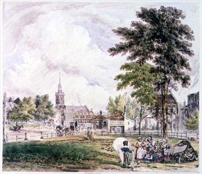 Islington Green: Utsikt mot kirken (trykk) av Robert Blemell Schnebbelie