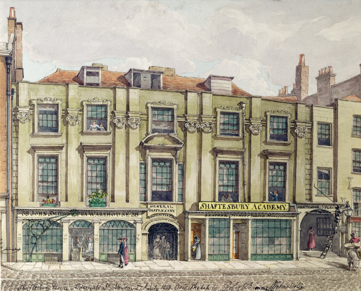 Shaftesbury House, Aldersgate Street, London, 1819 (wc-skisse) av Robert Blemell Schnebbelie