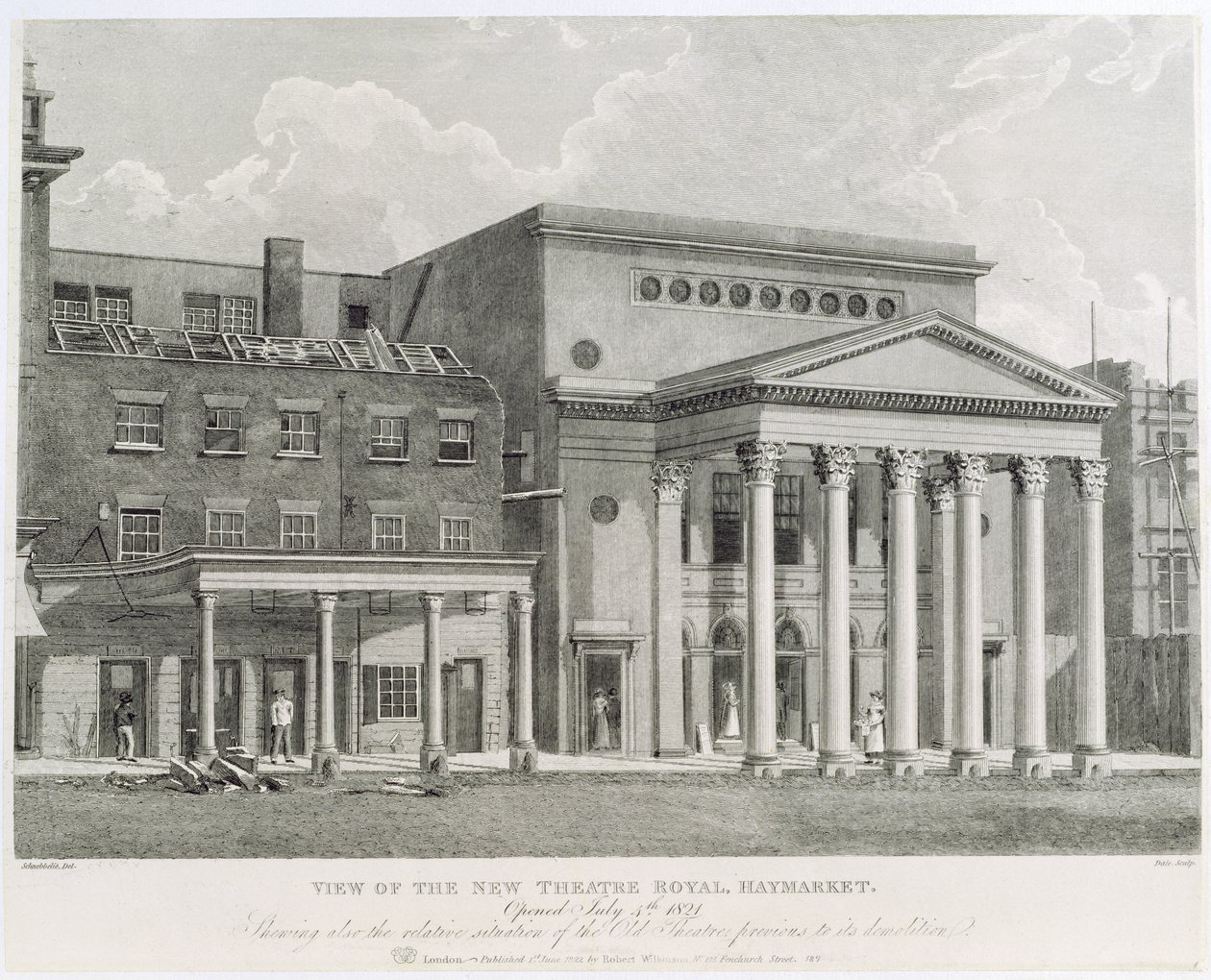 Utsikt over New Theatre Royal, Haymarket, åpnet 4. juli 1821, viser også den relative situasjonen til det gamle teateret før rivingen, gravert av Dale, 1822 av Robert Blemell Schnebbelie