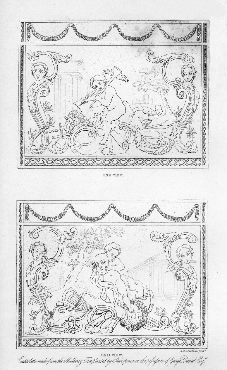 Utskåret cassolette laget av treet fra Shakespeares morbærtre, 1700-tallet, 1840. av Robert Blemmell Schnebbelie