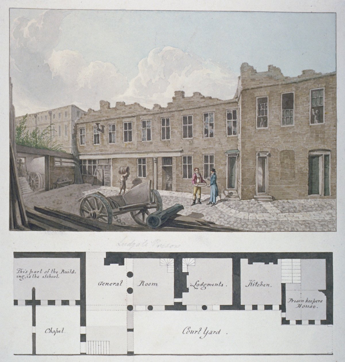 Ludgate fengsel med en plan over London Workhouse, Bishopsgate, under, City of London, 1818 av Robert Blemmell Schnebbelie
