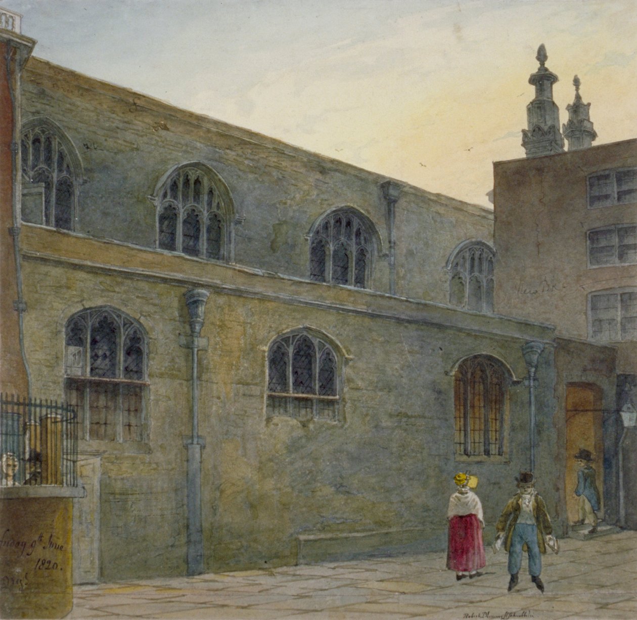 Nordsiden av Guildhall Chapel som viser inngangen til Cutthroat Alley, City of London, 1820 av Robert Blemmell Schnebbelie