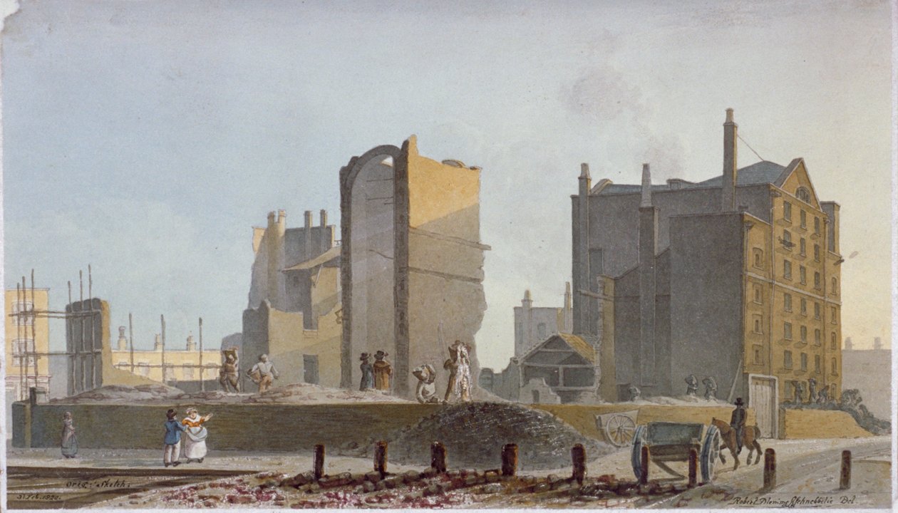 Ødelagt bygning, Commercial Road, Stepney, London, 1820 av Robert Blemmell Schnebbelie