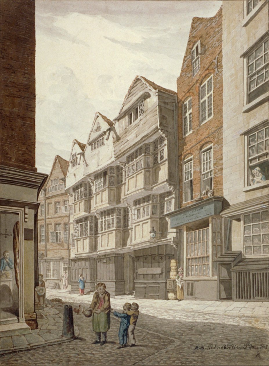 Sør-vest utsikt over et gammelt tømmerhus i Ship Yard, Westminster, London, 1815 av Robert Blemmell Schnebbelie