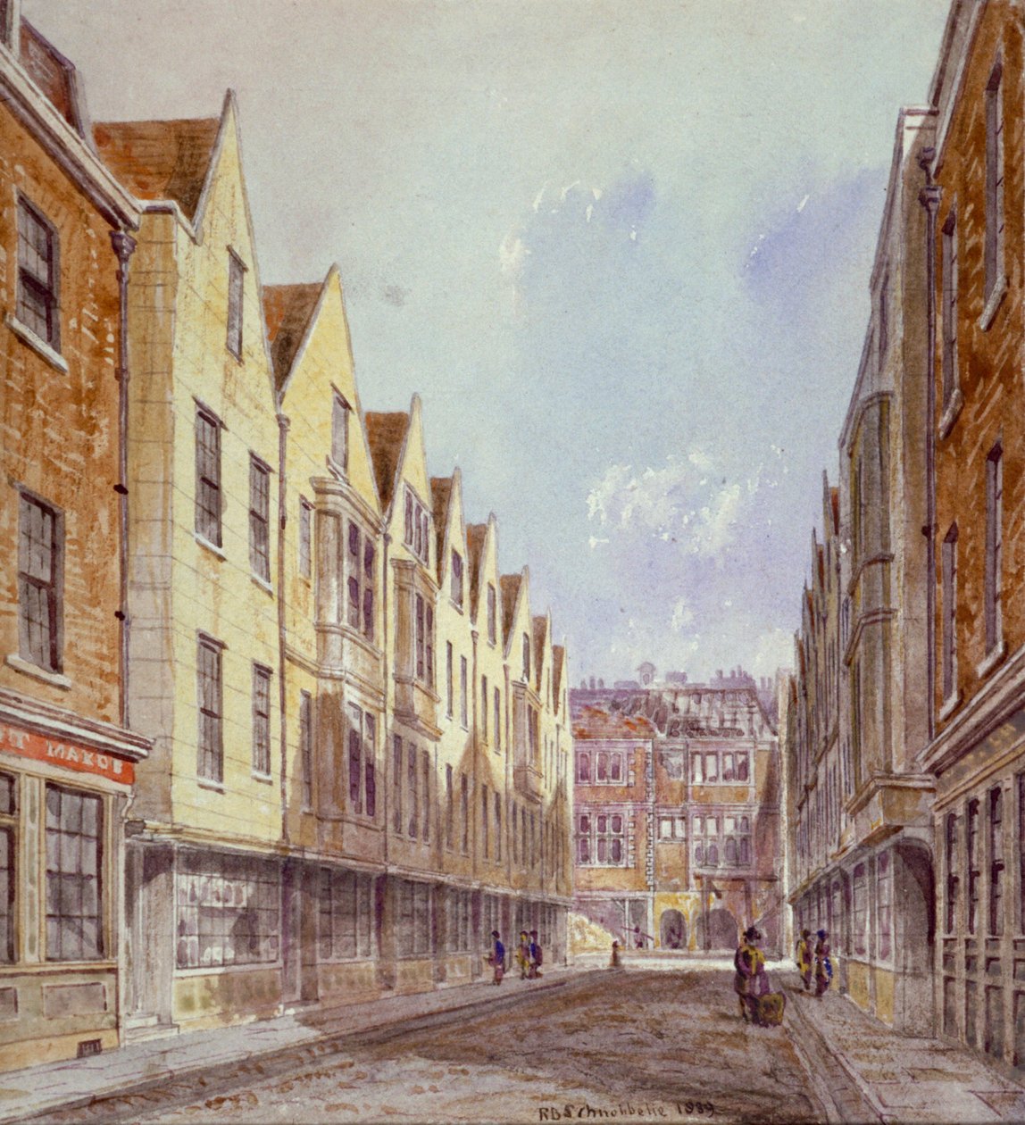 Utsikt over Great Winchester Street med Winchester Place synlig i det fjerne, London, 1839. av Robert Blemmell Schnebbelie