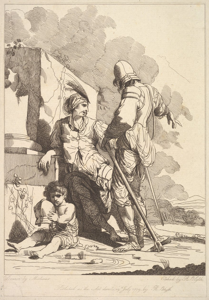 To soldater og barn som holder en hjelm, 19. juli 1779. av Robert Blyth