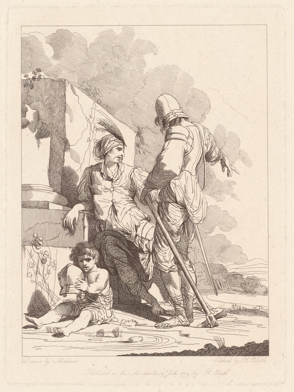 To soldater og barn som holder en hjelm av Robert Blyth, after John Hamilton Mortimer