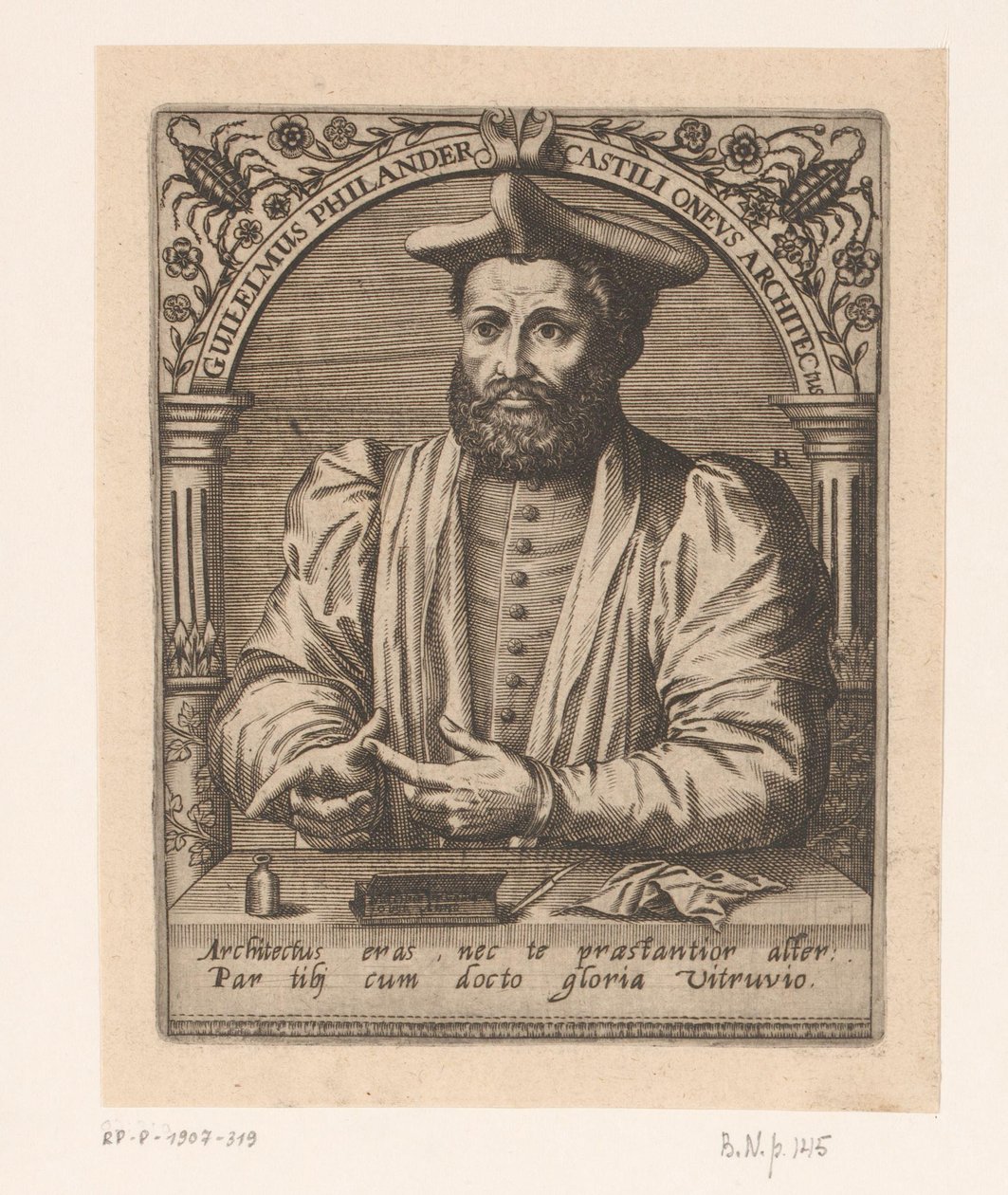 Portrett av Guillaume Philandrier Guilelmus Philander Castili oneus architectus (tittel på objekt) Serie med portretter av lærde fra det femtende og sekstende århundre (serietittel) av Robert Boissard
