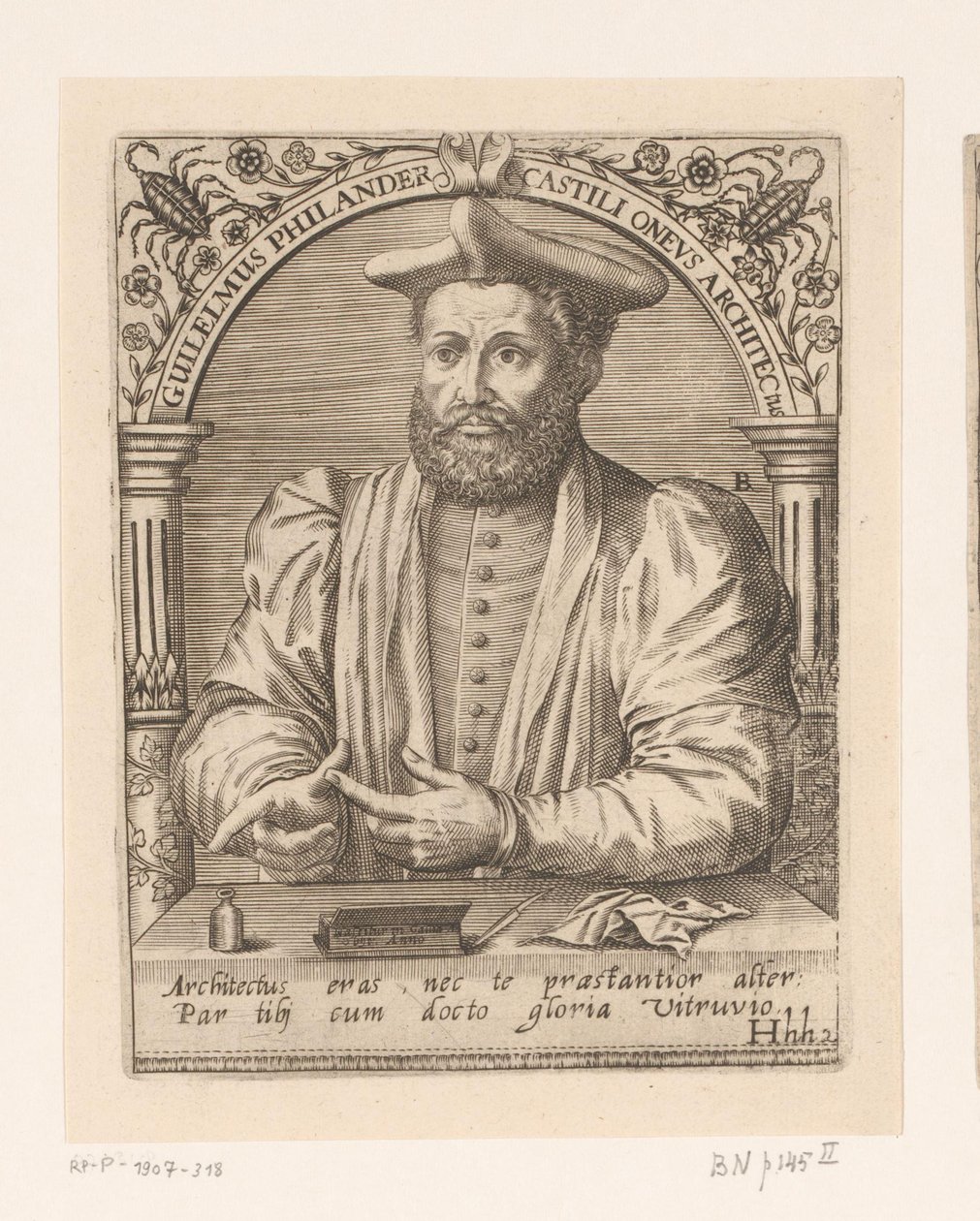 Portrett av Guillaume Philandrier Guilelmus Philander Castili oneus architectus (tittel på objekt) Serie med portretter av lærde fra det femtende og sekstende århundre (serietittel) av Robert Boissard