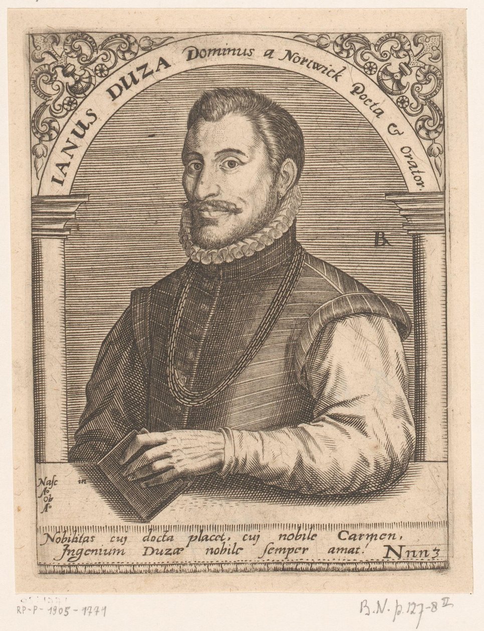 Portrett av Janus Dousa Janus Duza Dominus en Nortwick Poeta & Orator. (tittel på objekt) Serier med portretter av lærde fra det femtende og sekstende århundre (serietittel) av Robert Boissard