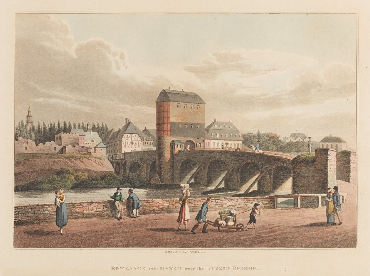 Inngang til Hanau over Kinzig-broen, 1814 (akvatint) av Robert Bowyer