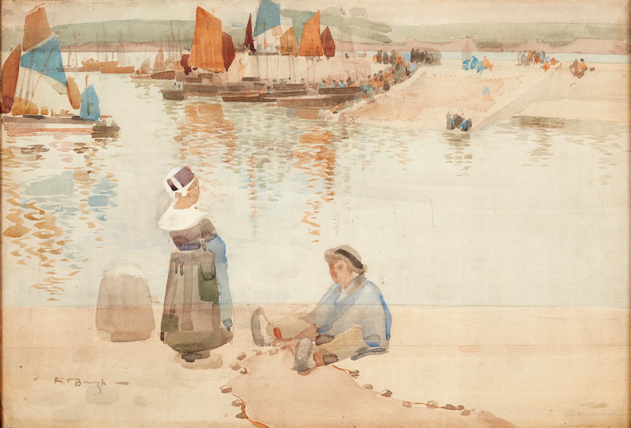 Figurer på havnemuren, Bretagne (akvarell) av Robert Brough