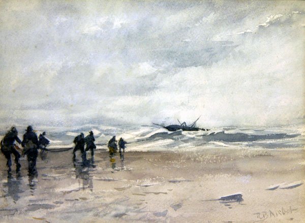 Fiskere trekker inn en nødlidende fiskebåt (akvarell på papir) av Robert Buchan Nisbet