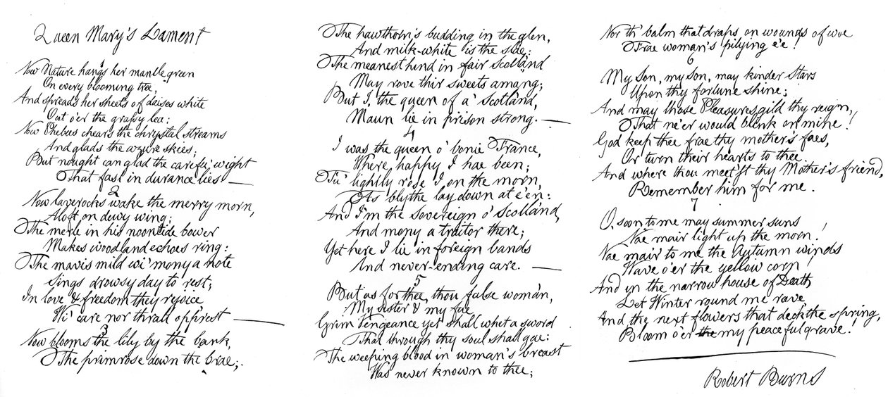 Queen Marys Lament, dikt i håndskriften til Robert Burns, sent på 1700-tallet, 1840 av Robert Burns