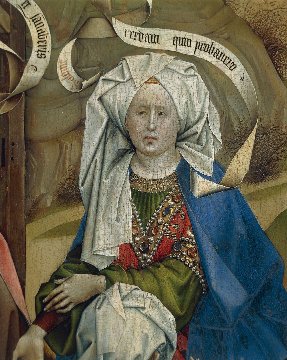 Detalj som representerer kvinnen fra fødselen, av Mester av Flemalle Robert Campin (1375/1379-1444), olje på panel, rundt 1420 av Robert Campin