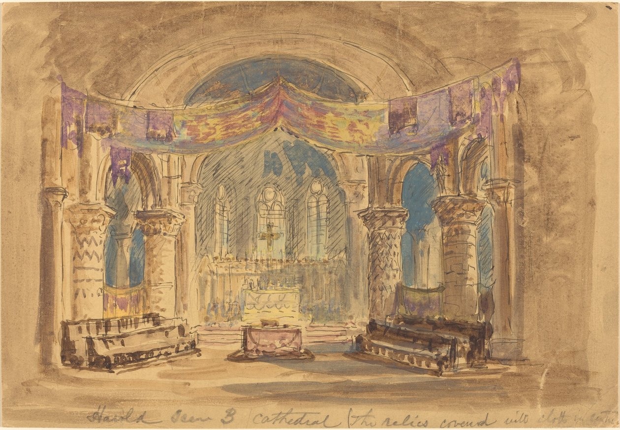 "Harold Scene 3 Cathedral (Relikviene dekket med stoff i midten)" av Robert Caney