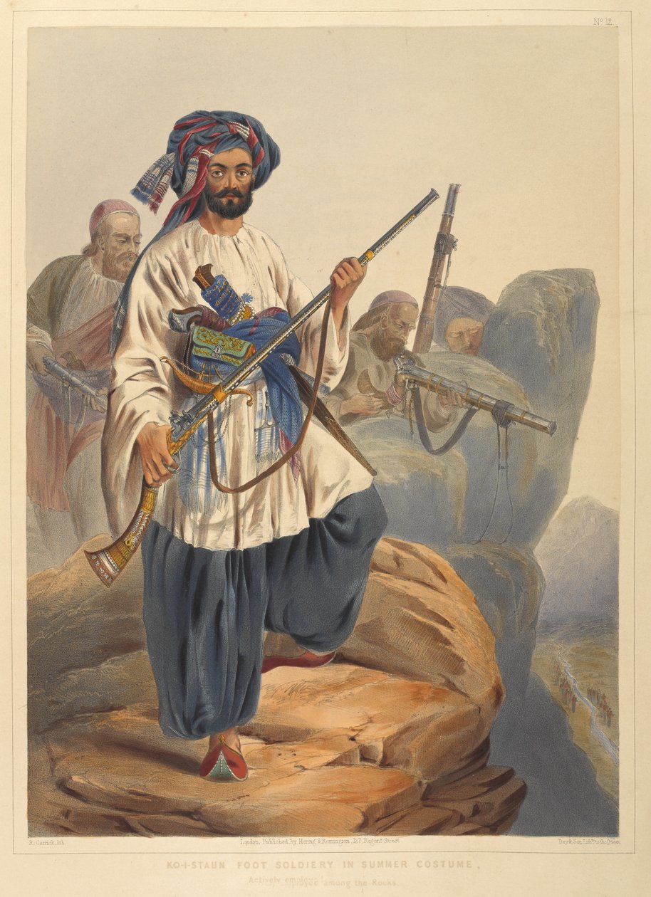 Ko-i-Staun fotsoldat i sommerdrakt, aktivt ansatt blant steinene (farge litho) av Robert Carrick