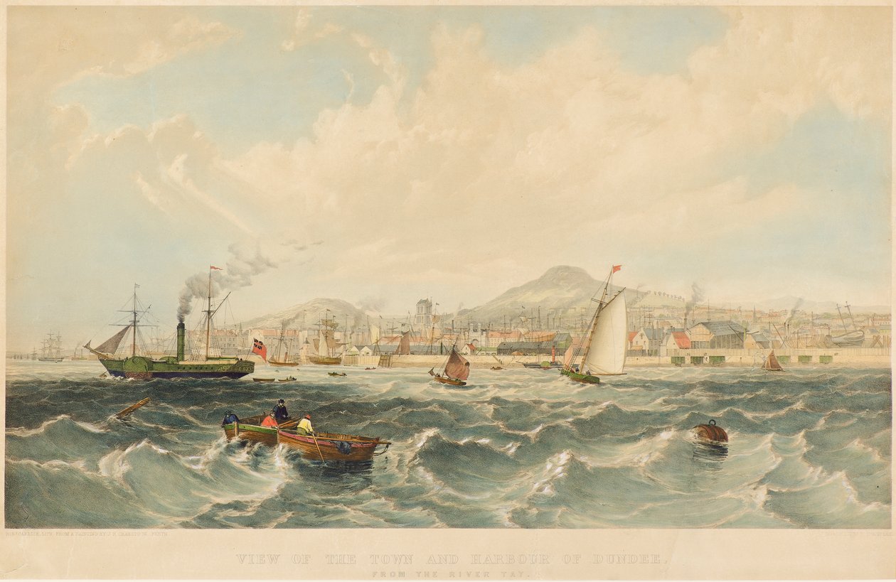 Utsikt over byen og havnen i Dundee, ca. 1850 (litografi) av Robert Carrick