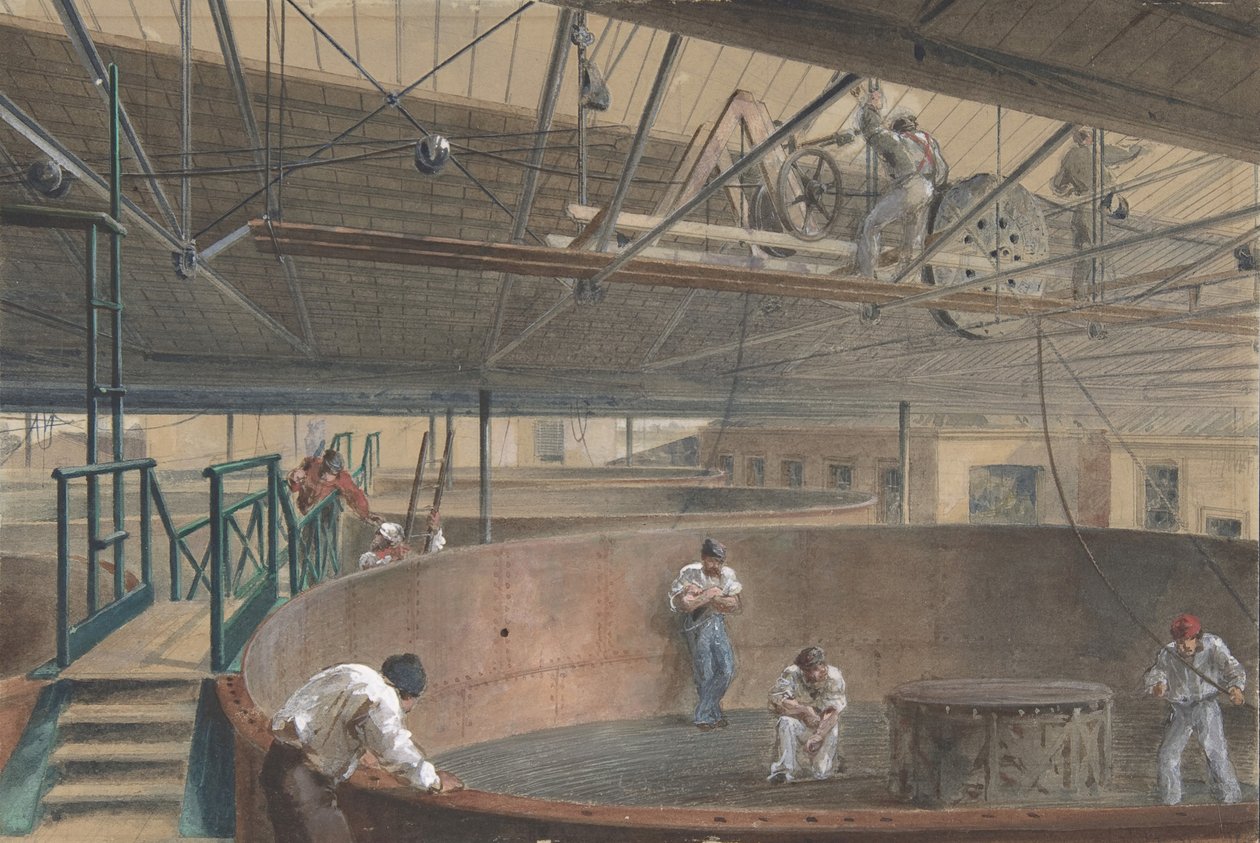 Kveiling av kabelen i de store tankene ved verkene til telegrafkonstruksjonen..., 1865, 1865. av Robert Charles Dudley