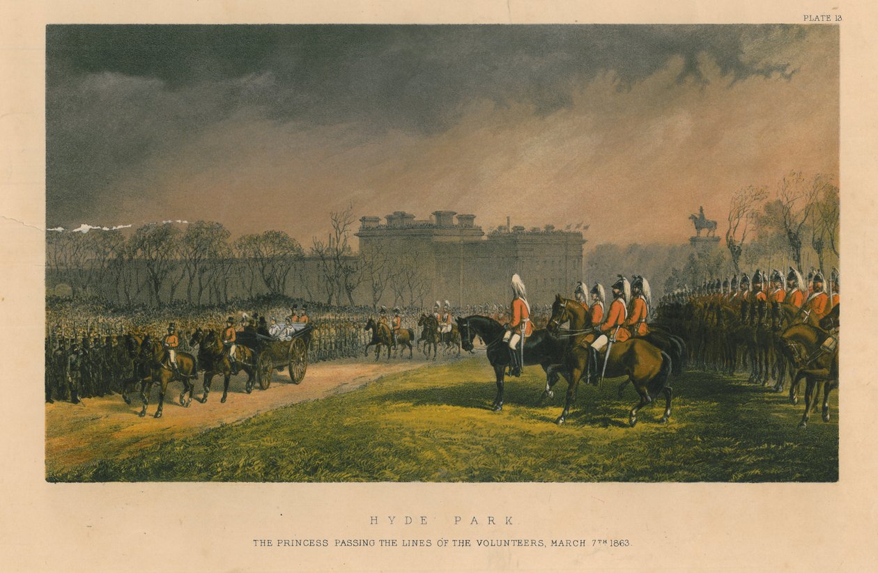 Hyde Park - prinsessen passerer linjene til de frivillige, 7. mars 1863, 1863 av Robert Charles Dudley