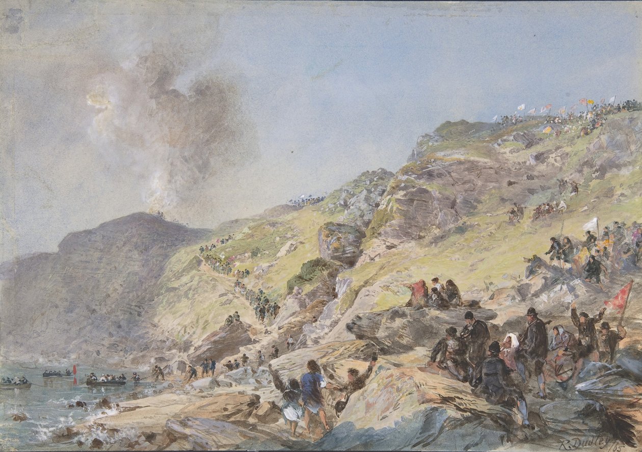 Cliffs, Foilhummerum Bay, Valentia, punktet der kystenden av kabelen ..., 1865, 1865 av Robert Charles Dudley