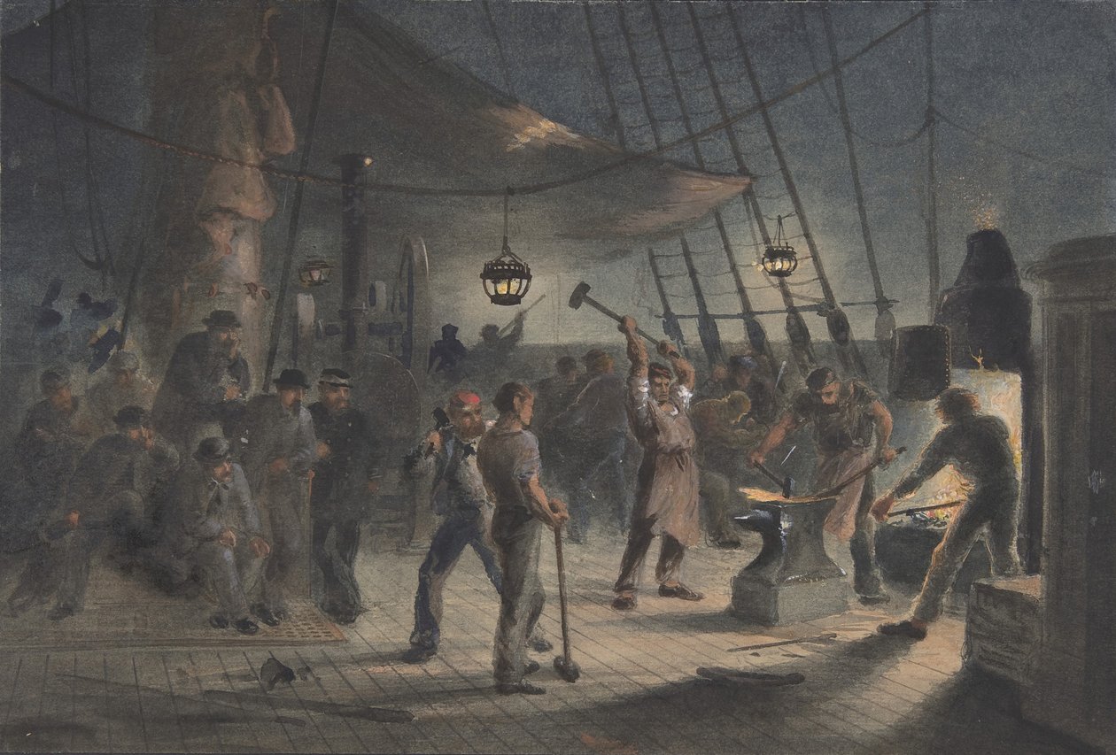 Smia på dekk, natt til 9. august: Forbereder jernbelegget for Capstan, 1865-66. av Robert Charles Dudley