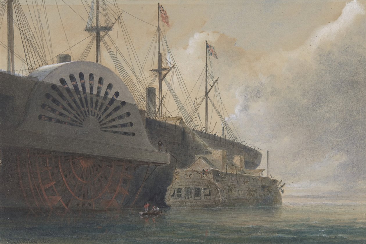 Den gamle fregatt-irisen med sin kabelfrakt ved siden av Great Eastern ved Sheerness..., 1865. av Robert Charles Dudley