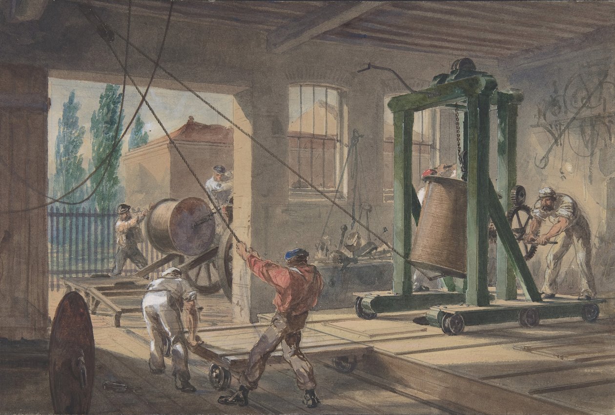 Rullene med guttaperka dekket ledende wire transportert inn i tanker på verkene..., 1865-66. av Robert Charles Dudley