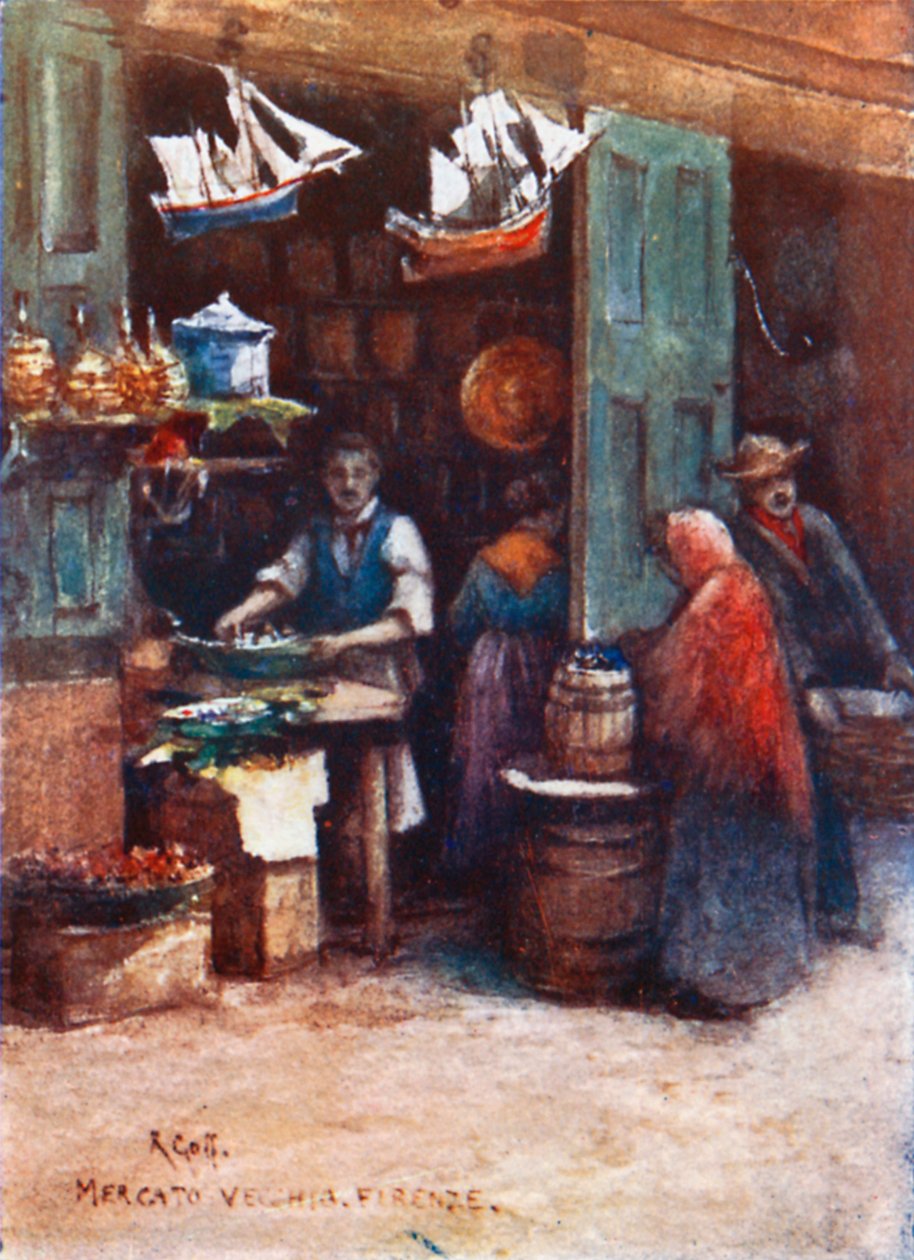 En kokkebutikk i Mercato Vecchio, før den ble revet i 1884 (fargelitografi) av Robert Charles Goff