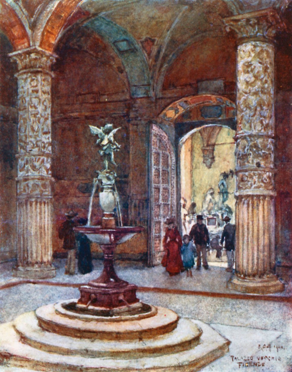 Gårdsplassen til Palazzo Vecchio (fargelitografi) av Robert Charles Goff