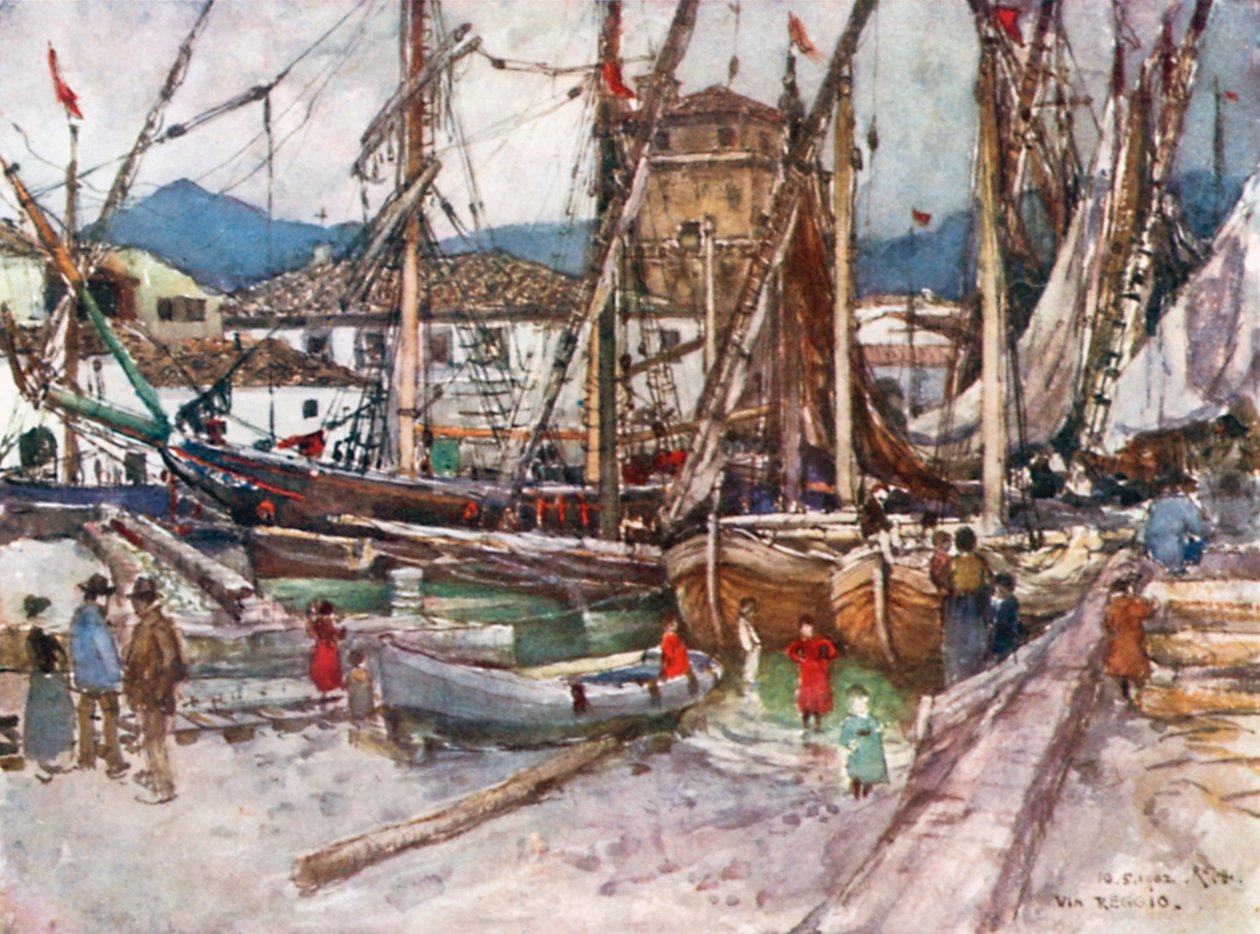 Overfylt skipsfart i bassenget ved Viareggio (fargelitografi) av Robert Charles Goff