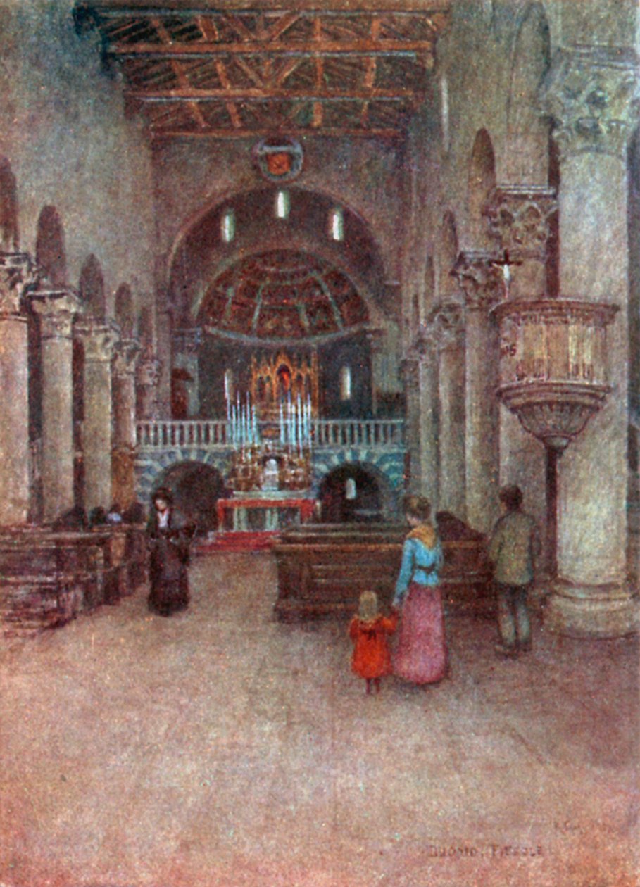 Interiøret i katedralen, Fiesole (fargelitografi) av Robert Charles Goff