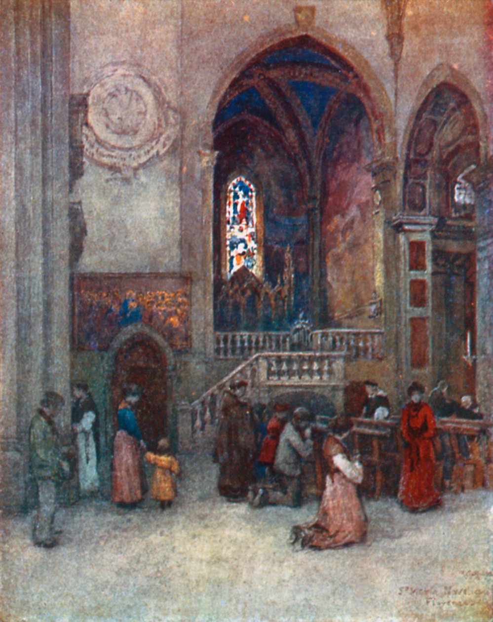 Interiøret i Santa Maria Novella-kirken med Strozzi-kapellet (fargelitografi) av Robert Charles Goff