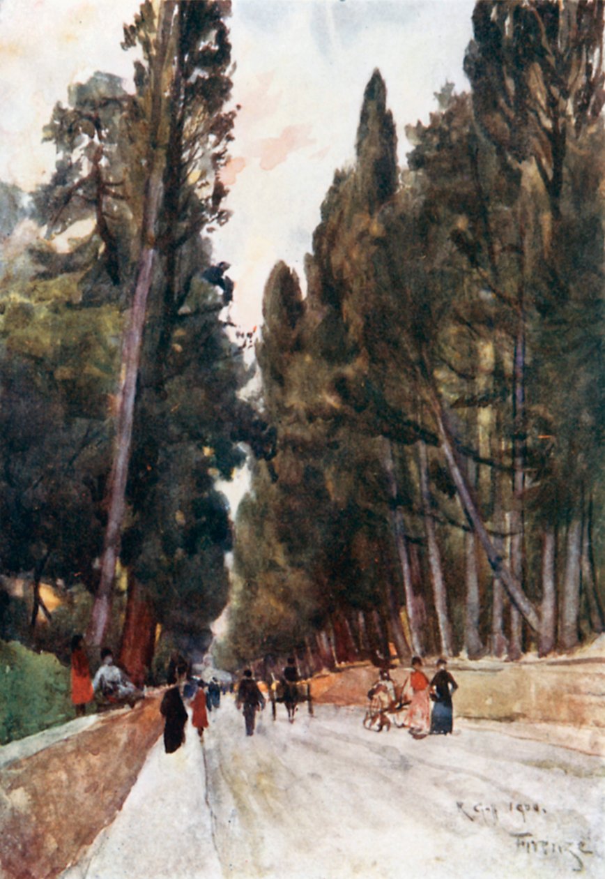 Utsikt nedover Cypress Avenue i Poggio Imperiale, på veien til Arcetri (fargelitografi) av Robert Charles Goff