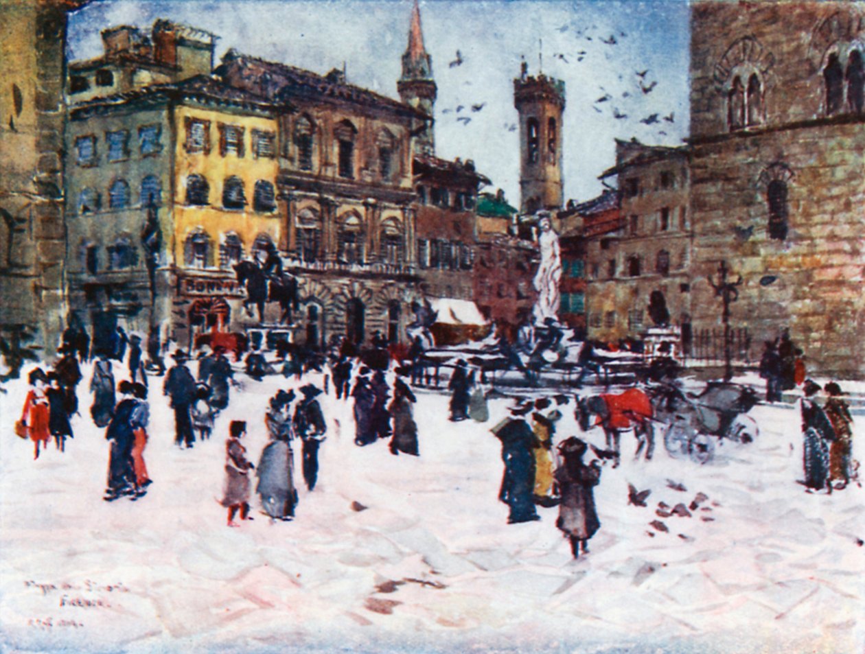 Piazza Della Signoria, med Palazzo Vecchio, Towers of the Bargello og Badia (farge litho) av Robert Charles Goff