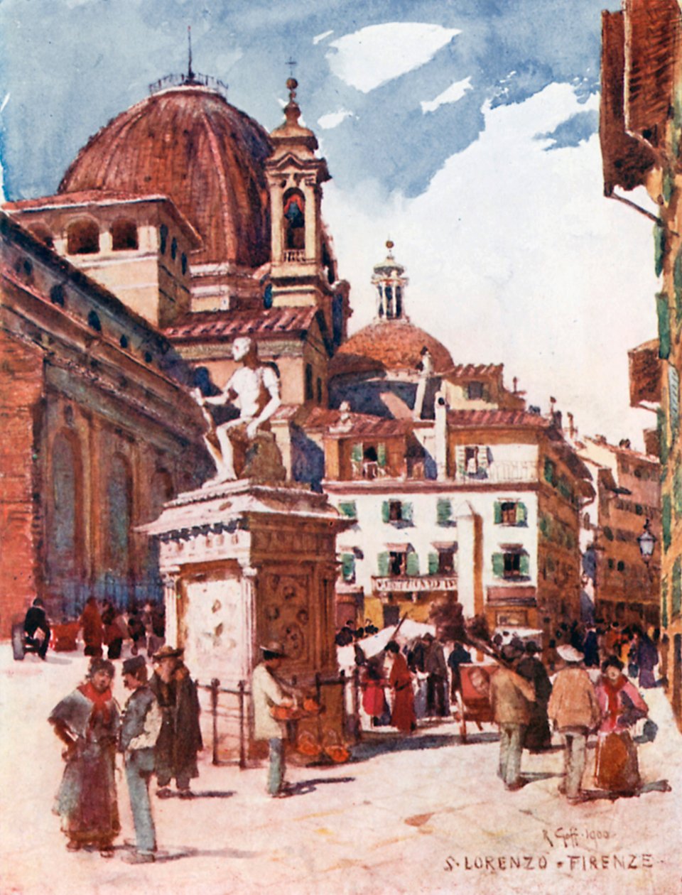 Piazza San Lorenzo, med statuen av Giovanni delle Bande Nere (farge litho) av Robert Charles Goff