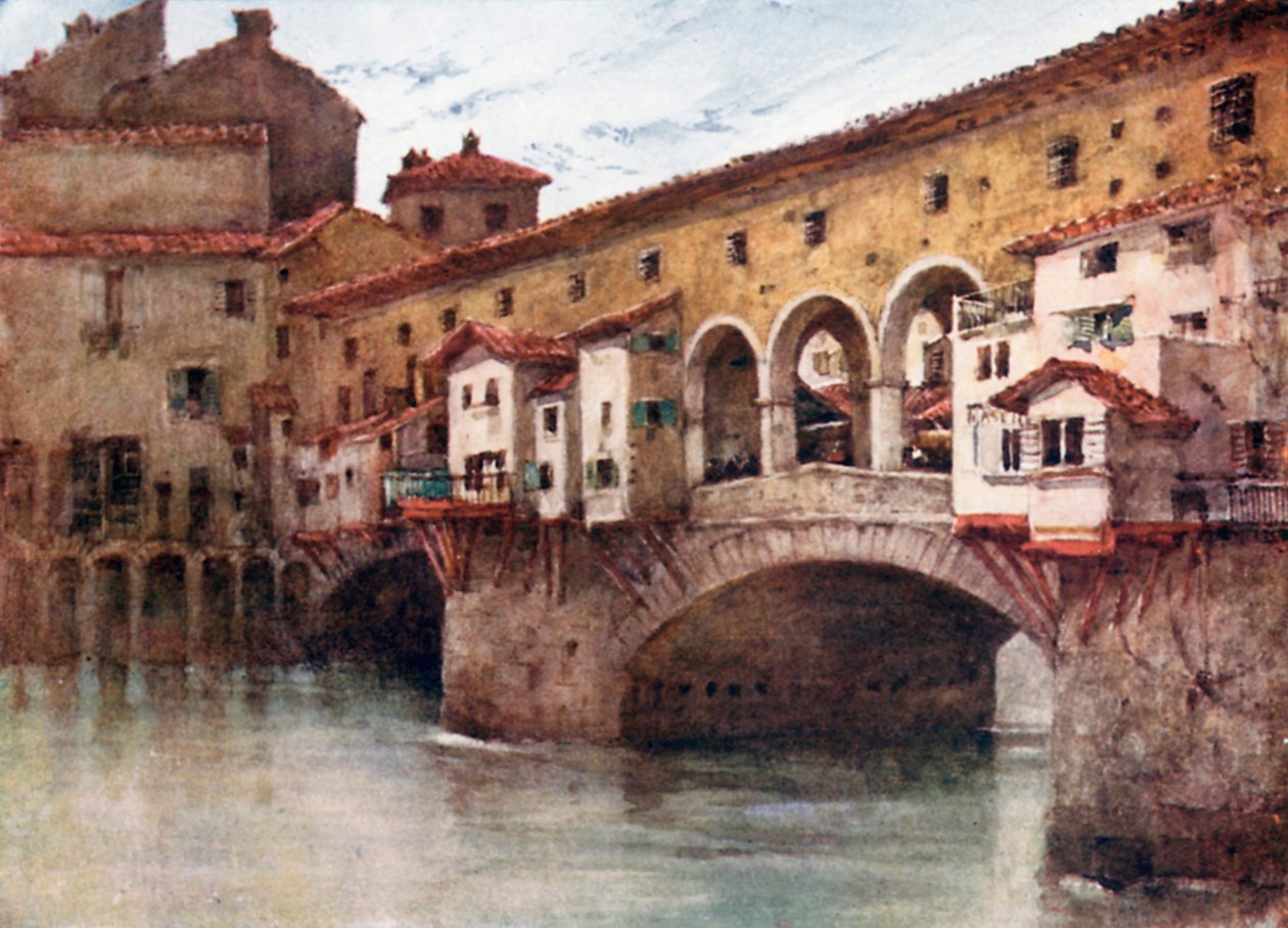 Studie som viser østsiden av Ponte Vecchio og de gamle husene i Via de#39; Bardi (fargelitografi) av Robert Charles Goff