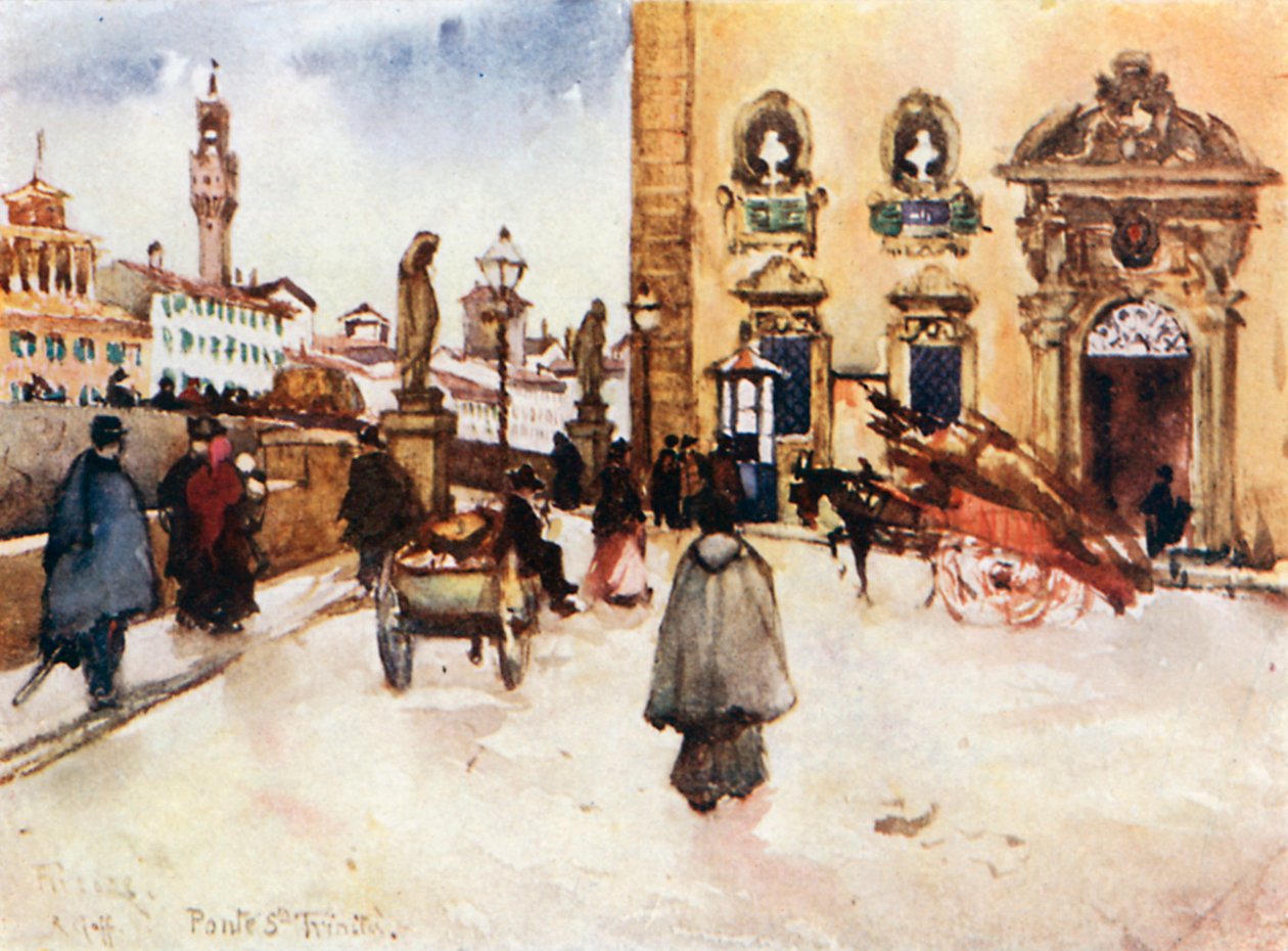 Frescobaldi-palasset, med Ponte Santa Trinita, og tårnet til Palazzo Vecchio (farge litho) av Robert Charles Goff