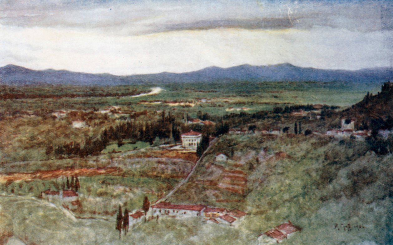 De grønne slettene i Toscana og den svingete Arno (fargelitografi) av Robert Charles Goff