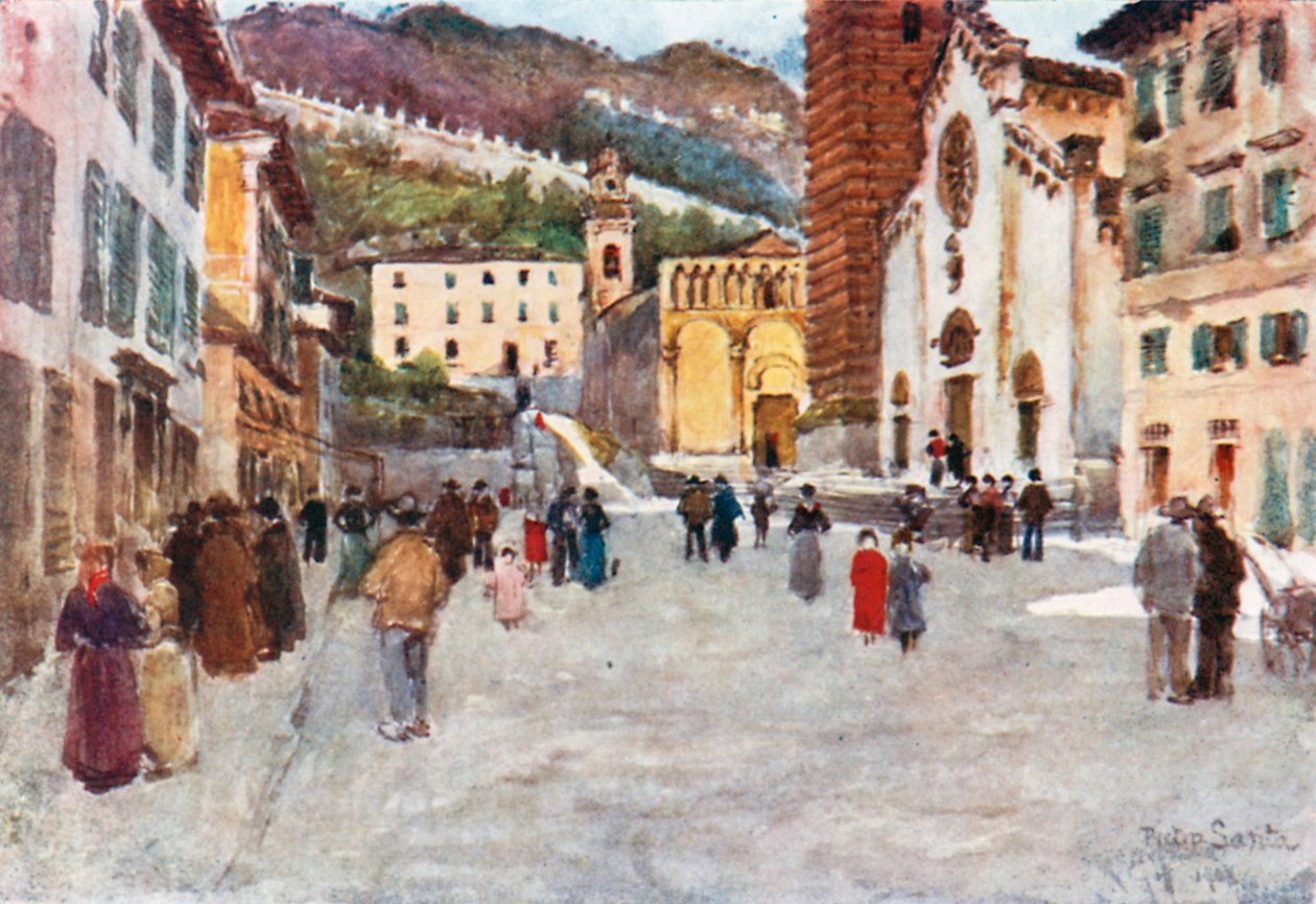 Piazza, Pietra Santa, nær Viareggio (farge litho) av Robert Charles Goff
