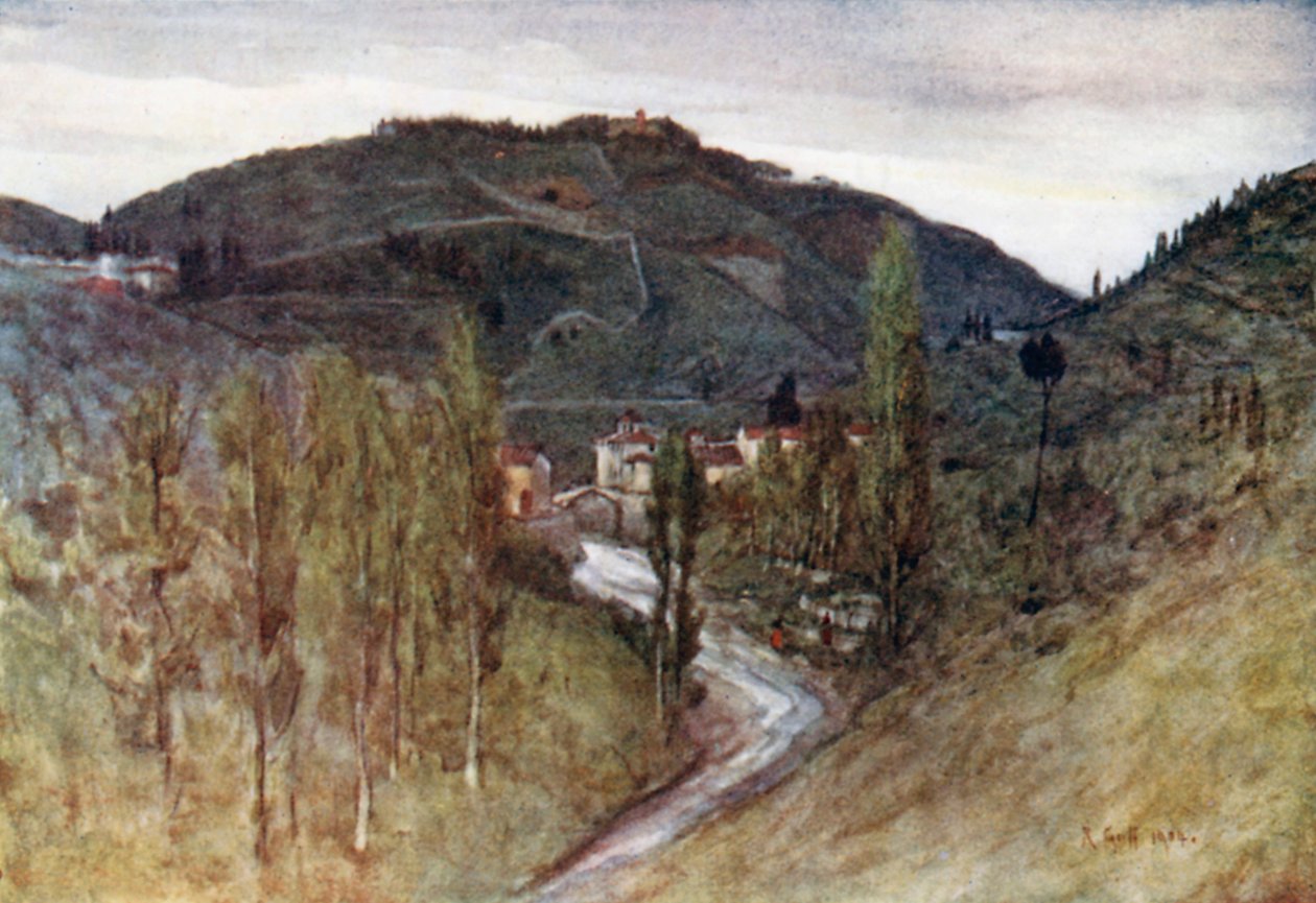 Mugnone-dalen, nedenfor Fiesole, med Monte Rinaldini og Ponte Alla Badia (fargelitografi) av Robert Charles Goff