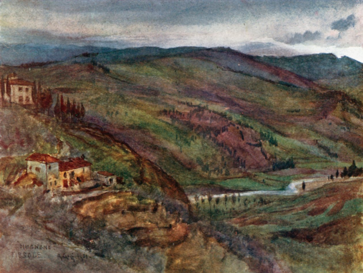 Mugnone-dalen med utsikt mot nord mot Monte Senario i det fjerne (fargelitografi) av Robert Charles Goff