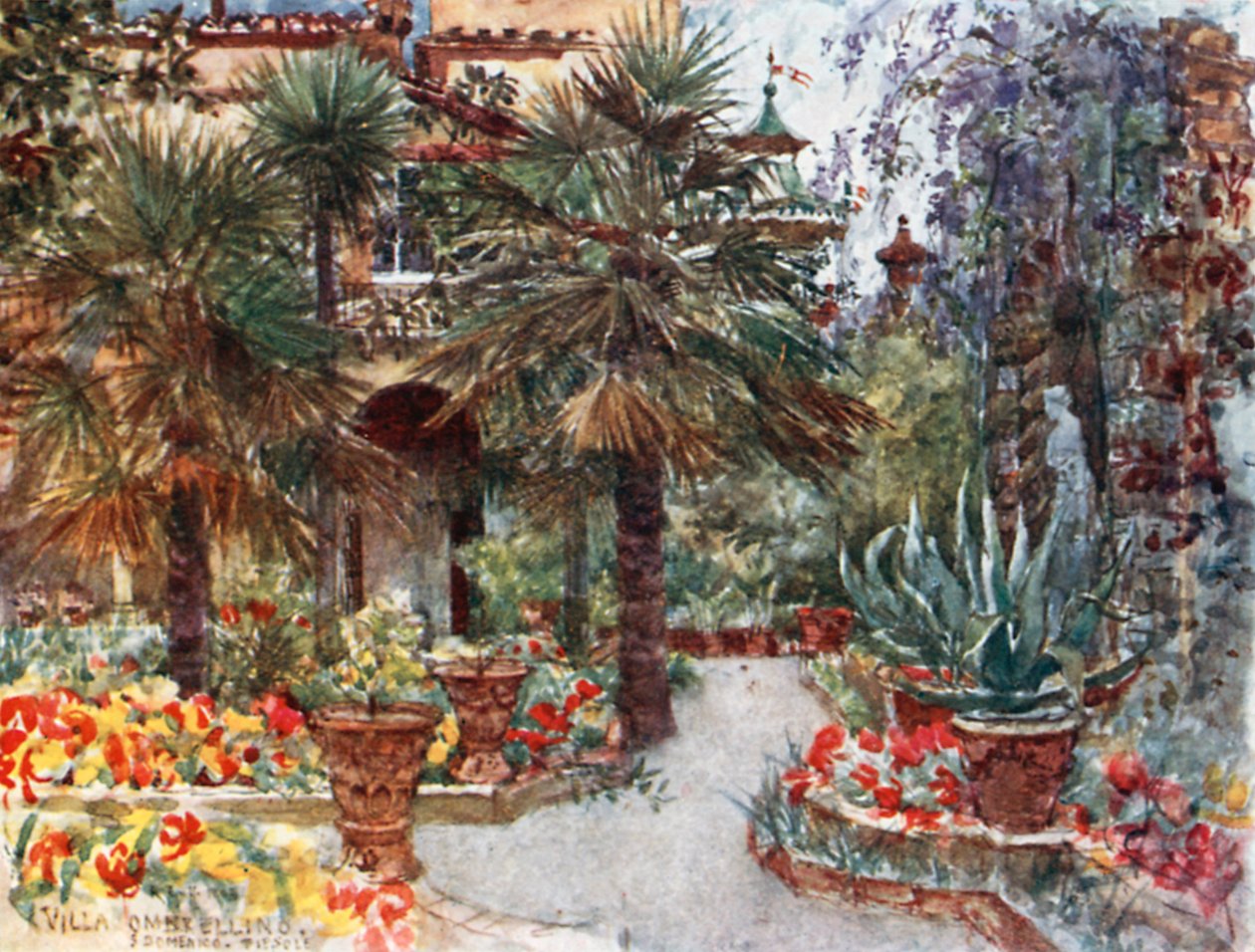 Tulipaner og wistaria om våren, i hagen til en florentinsk villa (fargelitografi) av Robert Charles Goff
