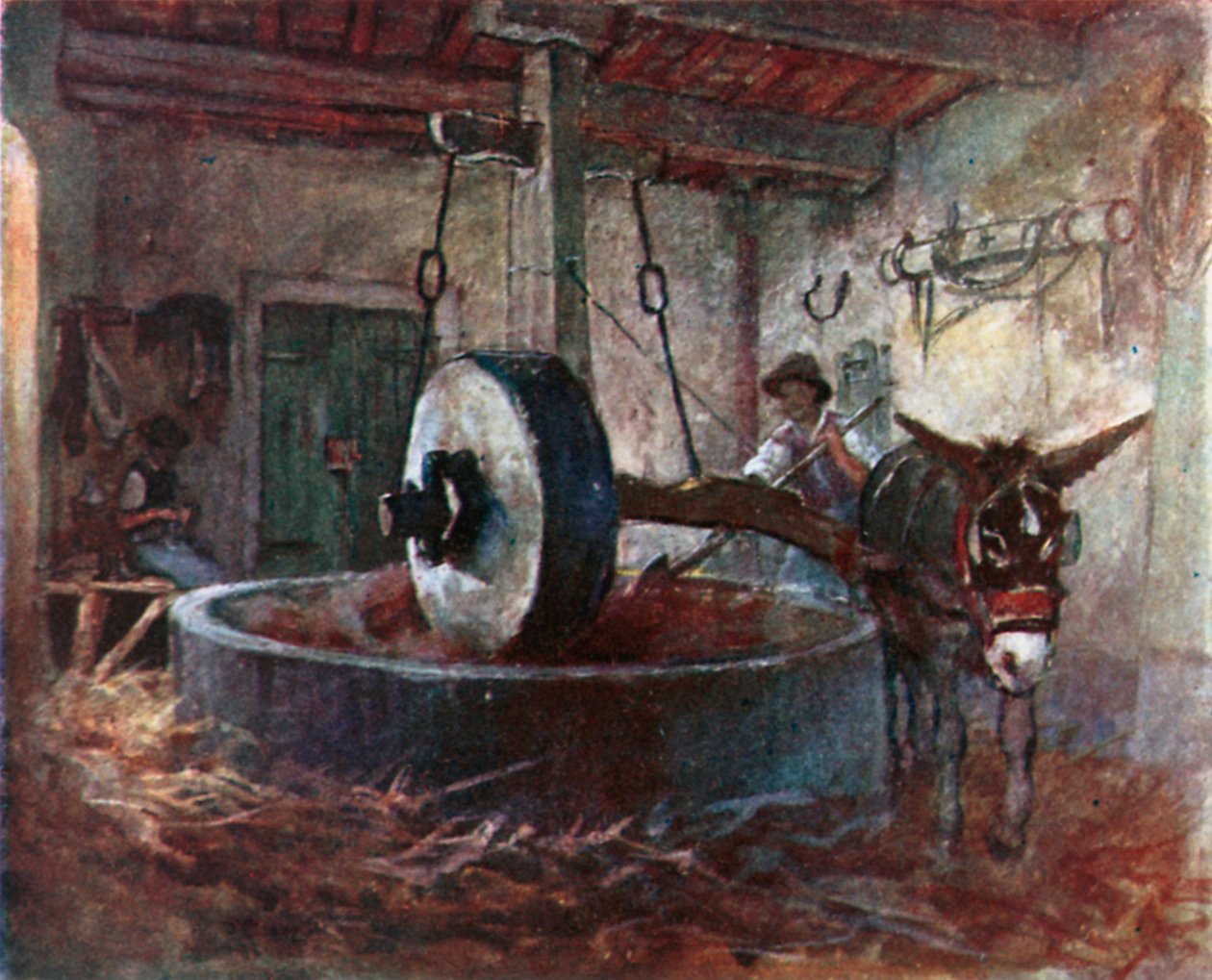Toskansk oljepresse (fargelitografi) av Robert Charles Goff