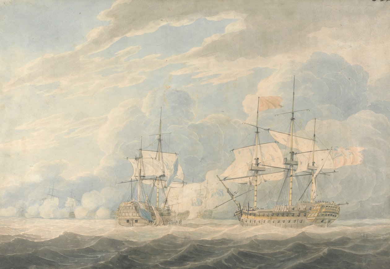 Den nederlandske viseadmiralen under admiral De Winter slo flagget sitt til den engelske viseadmiralen Onslow under admiral Duncan i slaget ved Camperdown, 11. oktober 1797 av Robert Cleveley